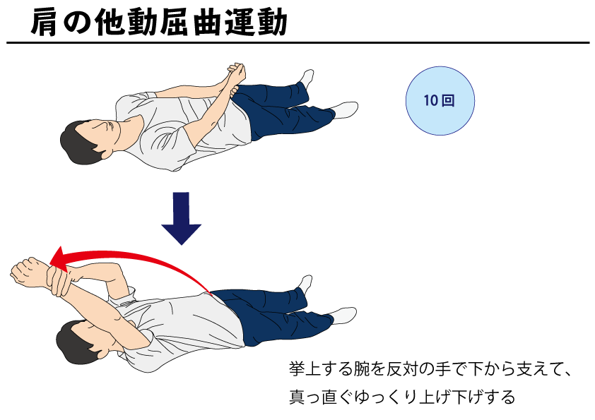 肩の他動屈曲運動 自主トレばんく 筋トレ ストレッチ リハビリの無料イラスト