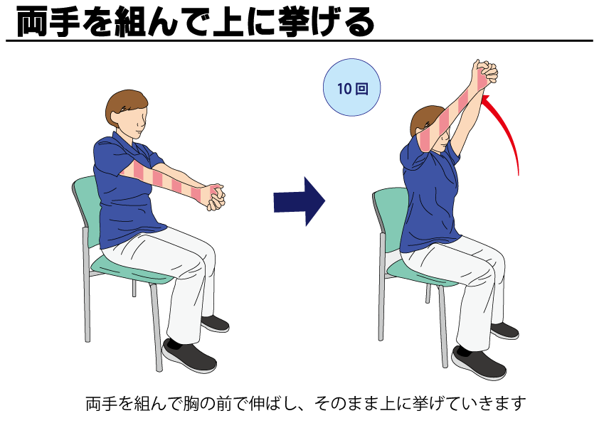 両手を組んで上に挙げる 自主トレばんく 筋トレ ストレッチ リハビリの無料イラスト